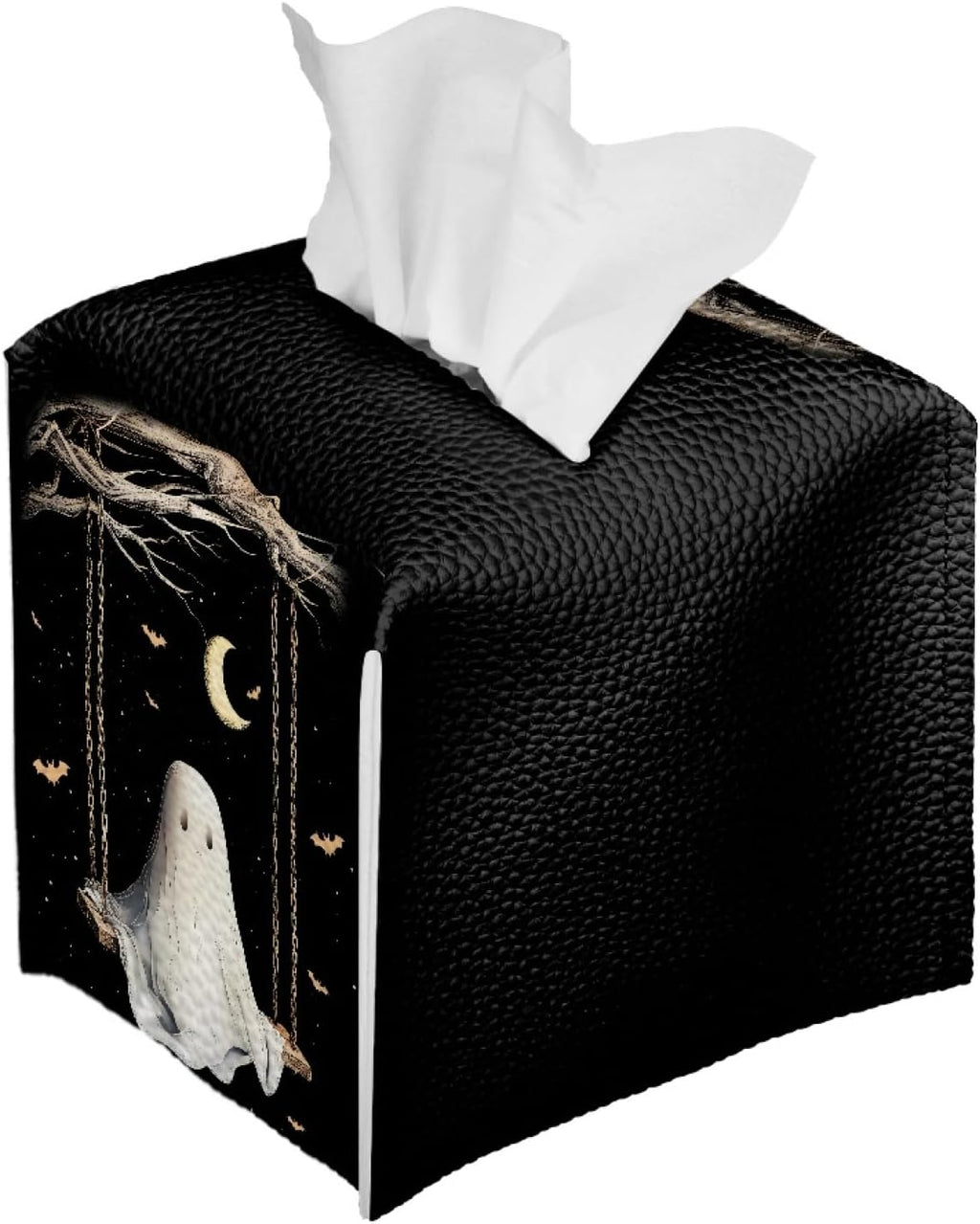 Cute Ghost Tissue Box Holder Square PU Leather Tissues Cube Box Cover Modern Decorative Halloween Decor Facial Napkin Holder Case for Car Kitchen Bedroom Bathroom Black