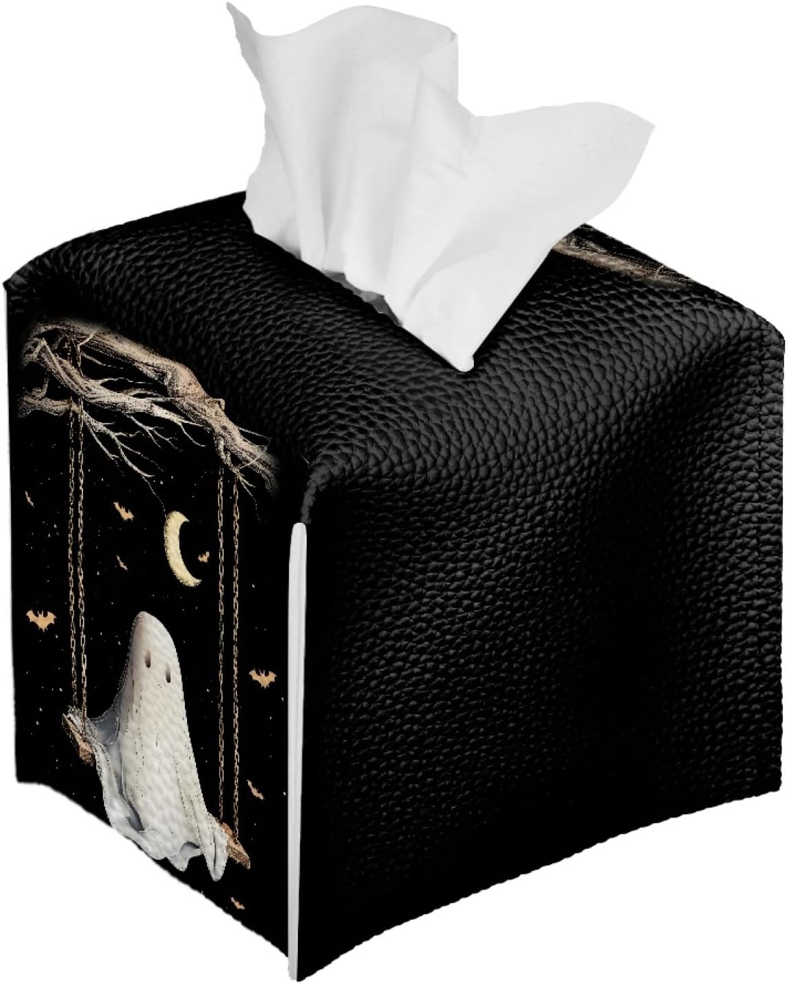 Cute Ghost Tissue Box Holder Square PU Leather Tissues Cube Box Cover Modern Decorative Halloween Decor Facial Napkin Holder Case for Car Kitchen Bedroom Bathroom Black