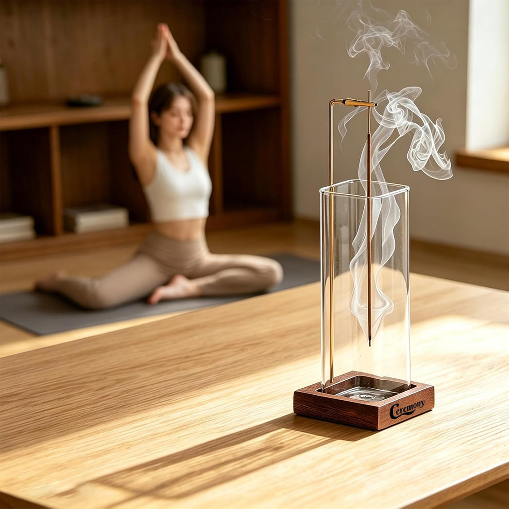 Ceremony Incense Holder, Wooden Incense Burner with Glass Ash Catcher (Transprent Square, One Glass)
