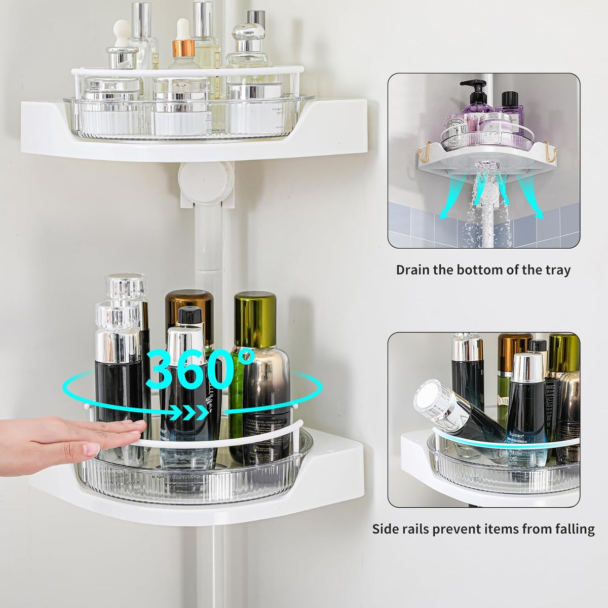 YCIA&DONE 360° Rotating Corner Shower Caddy Tension Pole, 4 Tiers Shower Organizer for Bathroom Shelf Bathtub, Adjustable Standing Shower Rack, Easily Assemble, 34-124 Inch Height, White