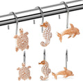 Seashell Shower Curtain Hooks, 12Pcs Decorative Anti-Rust Shower Hooks, Coastal Style Curtain Hooks for Bathroom Nursery Bedroom Living Room Decoration (Turtle Starfish Dolphin)