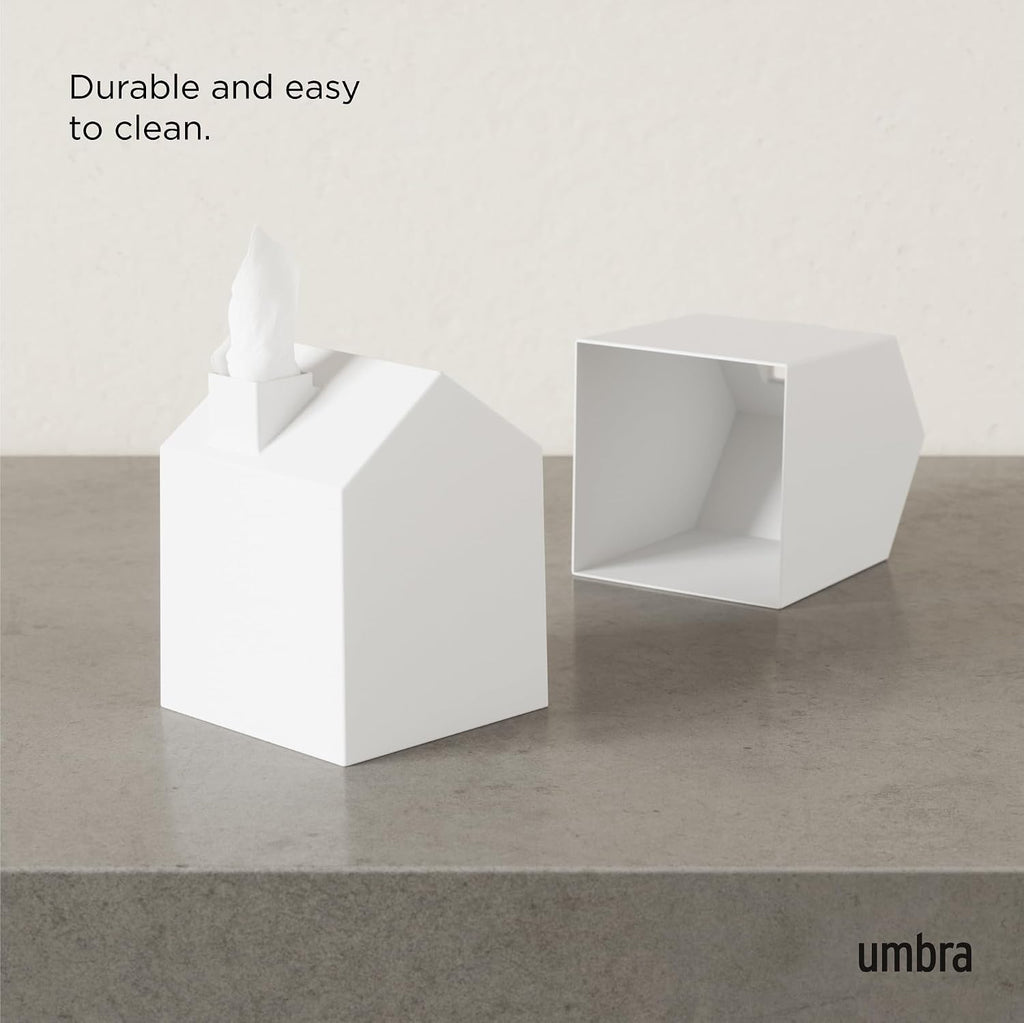 Umbra Casa Tissue Box Cover, House Shaped Kleenex Box Holder, Square, White (Pack of 3)