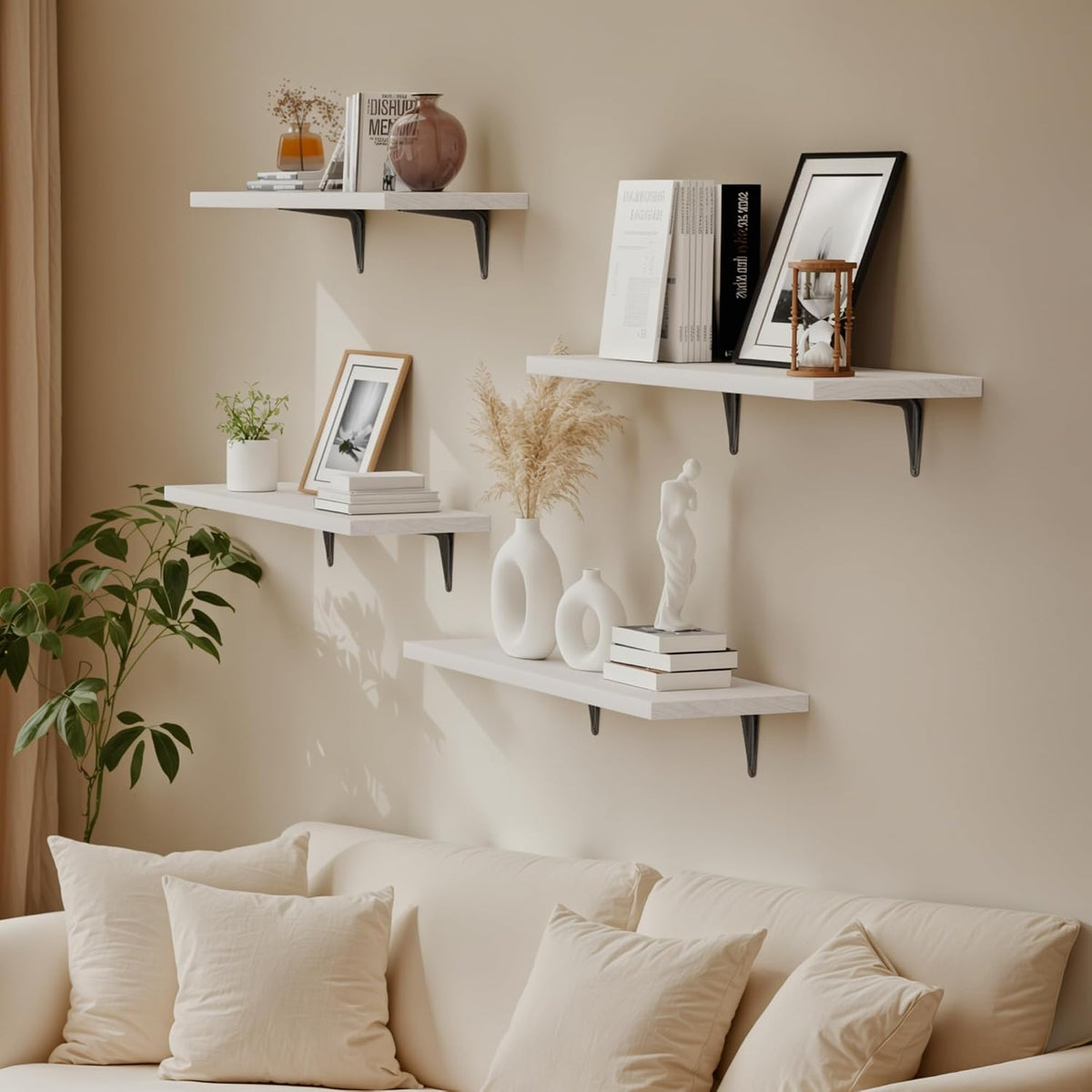 SKYSEN Floating Shelves for Wall Set of 6, 23.6in Wood Wall Shelf for Decor, Bathroom, Bedroom, Storage, Book,Kitchen, Living Room - White(fs-60-w)