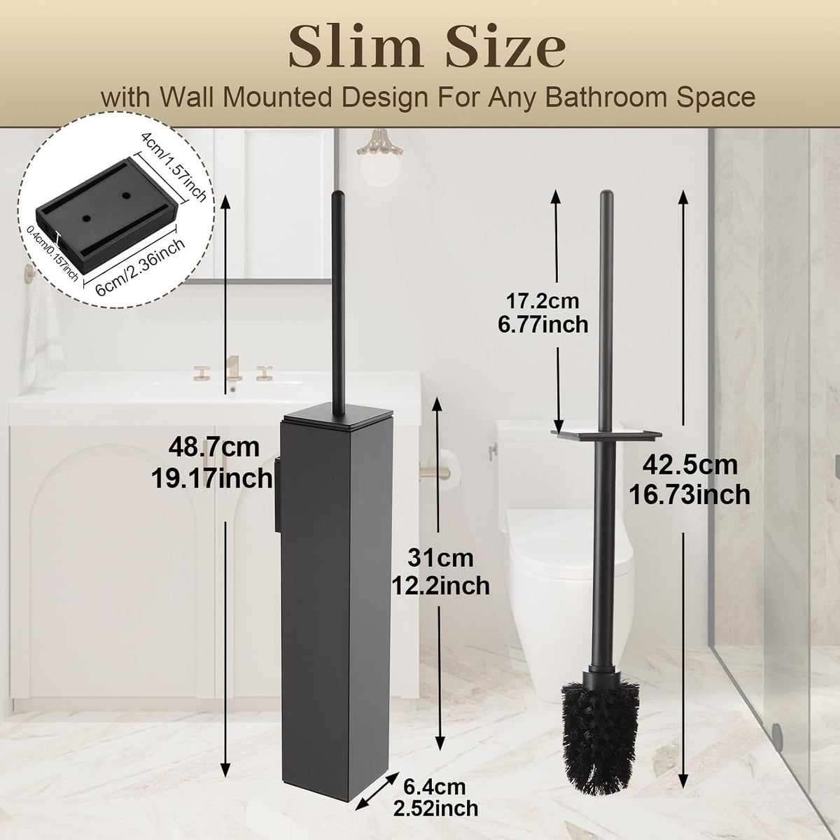 Toilet Brush and Holder Wall Mounted, Gun Gray Aluminum with 2 Replaceable Heads, Bathroom Toilet Brush, Drill or 3M Adhesive Mount, Removable Liner and Splash Guard, Modern Square Design
