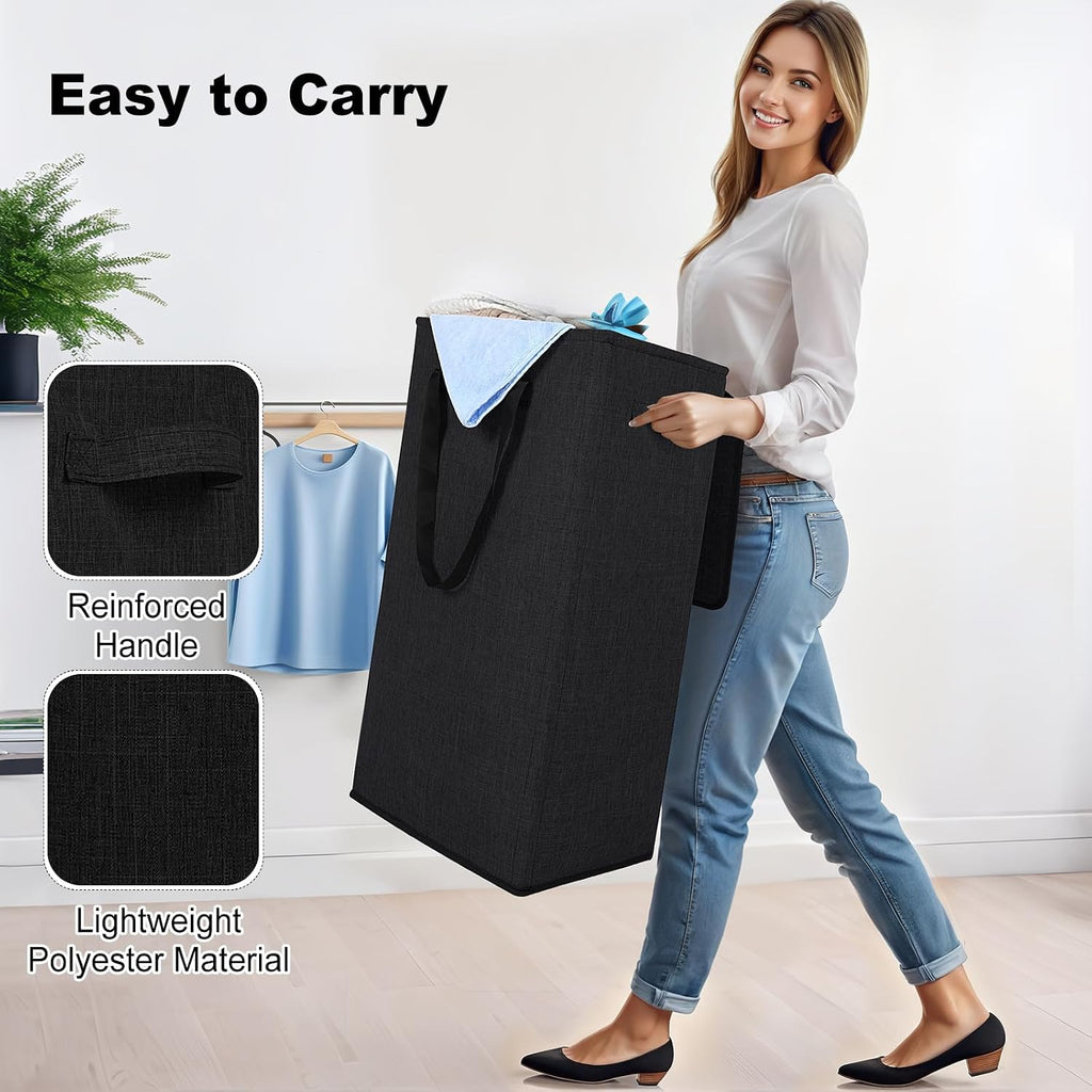 Odonata 75L Slim Laundry Hamper with Lid,Large Foldable Laundry Basket with Removable Bag and Handles Tall Collapsible Dirty Clothes Basket Great for Bedroom, Bathroom, Dorm, College,RV.(Black, 75L)