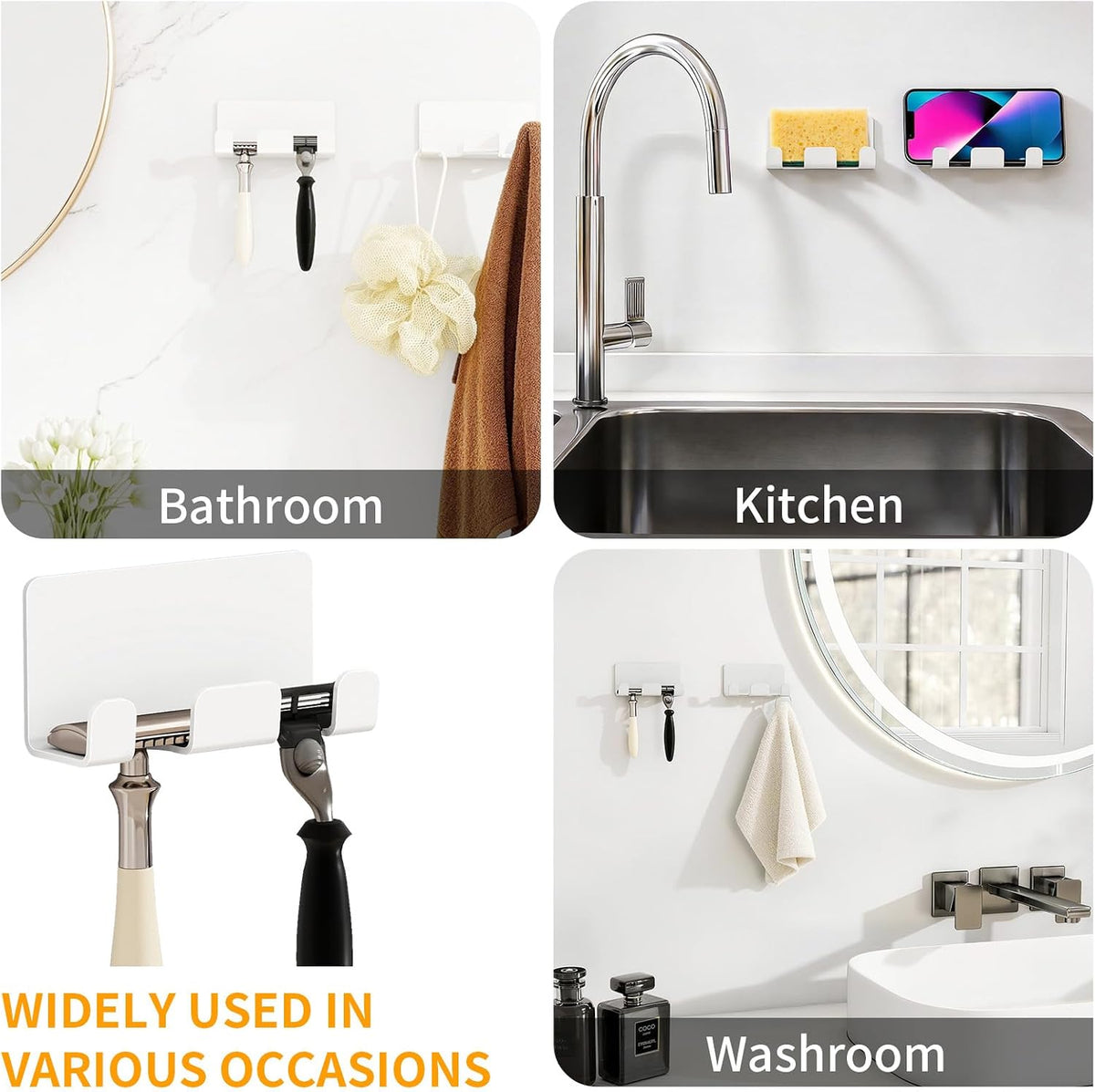 Razor Holder for Shower, Self Adhesive Shaver Shower Hook, White