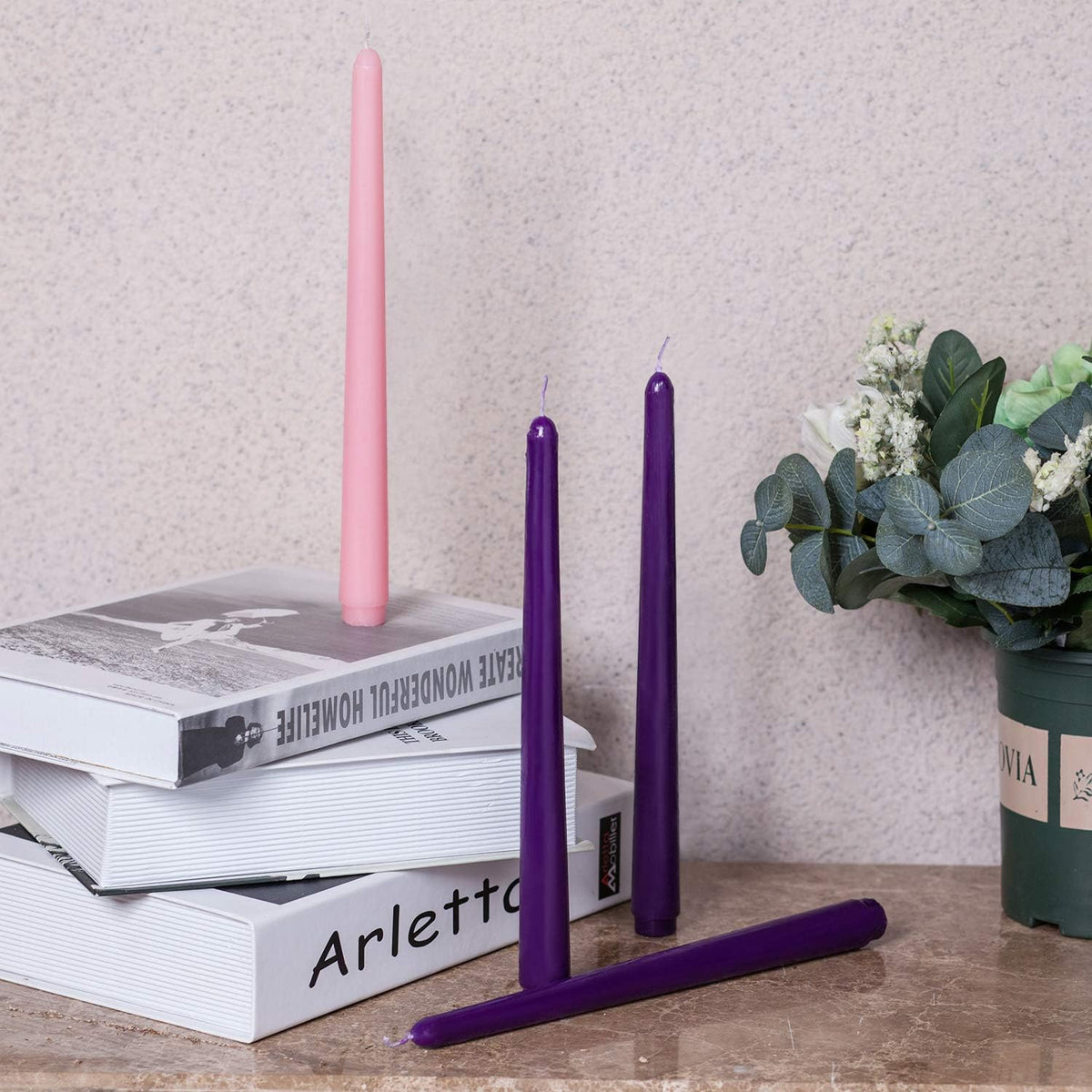 24 Pack Christmas Products 18 Purple and 6 Pink 10 Inch Unscented Taper Advent Candles Set