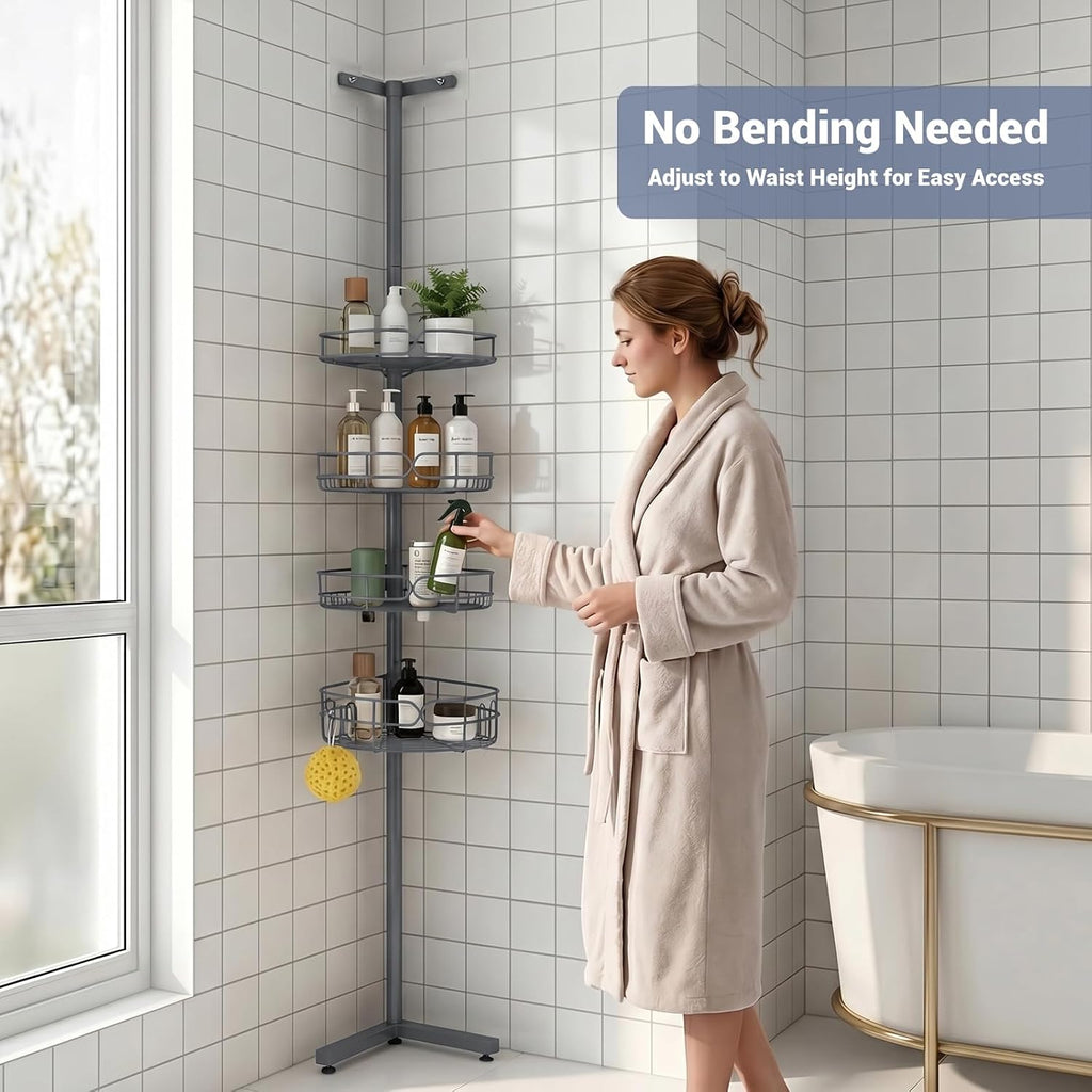 Standing Shower Caddy Corner, 4-Tier Adjustable Height Bathroom Organizer, 6-Section Pole, Sturdy Floor Standing Shelf for Shower – No Drilling, No Spring Tension (Gray)