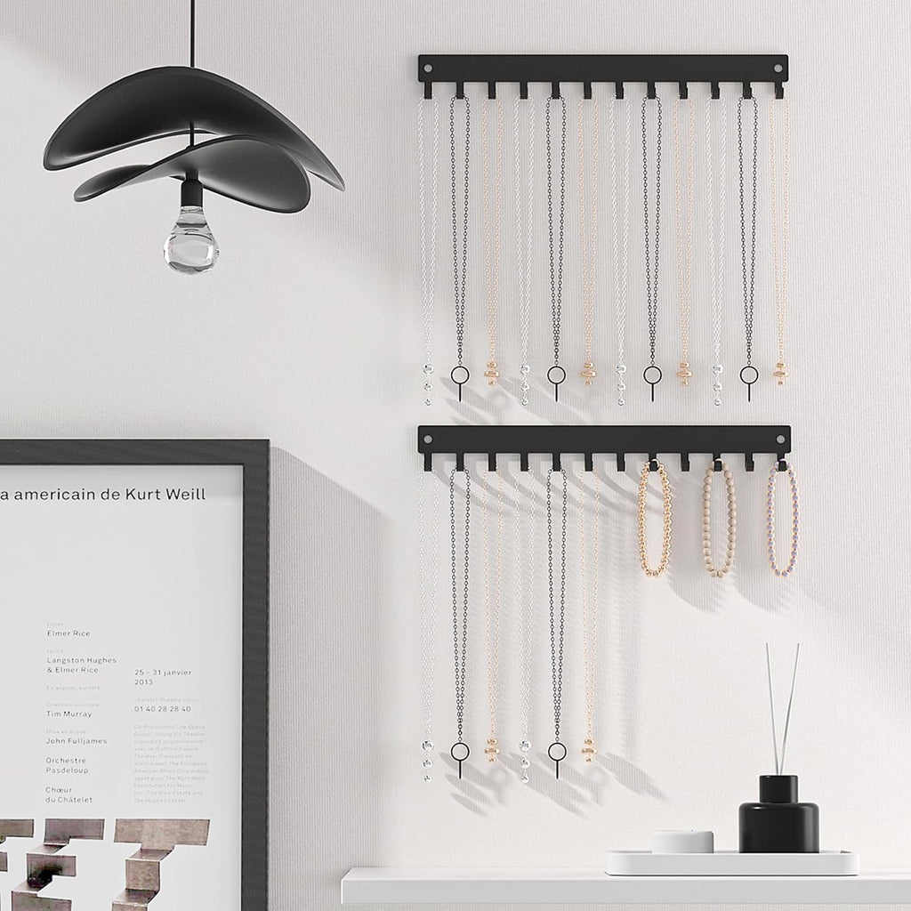 Necklace Holder Organizer Wall Mount,12 Hooks Metal Jewelry Hanger Organizer for Necklace Bracelet Chains, Black (2)