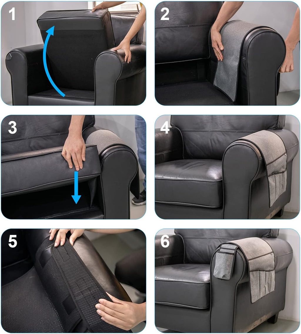 Sofa Armrest Organizer Couch Remote Holder, Sofa Caddy Bedside Organizer Recliner Armchair Accessory for iPad Tablet Phone Magazines in Home Bedroom Office Hotel, 5 Pockets with Font Side Drink Holder