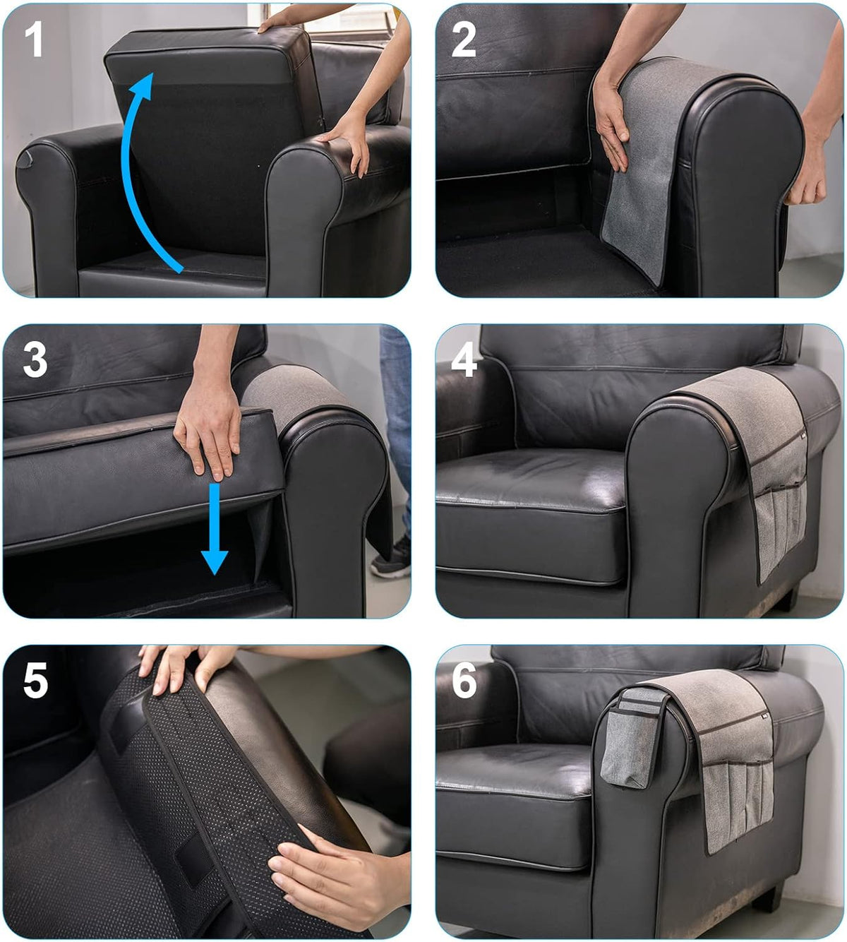 Sofa Armrest Organizer Couch Remote Holder, Sofa Caddy Bedside Organizer Recliner Armchair Accessory for iPad Tablet Phone Magazines in Home Bedroom Office Hotel, 5 Pockets with Font Side Drink Holder