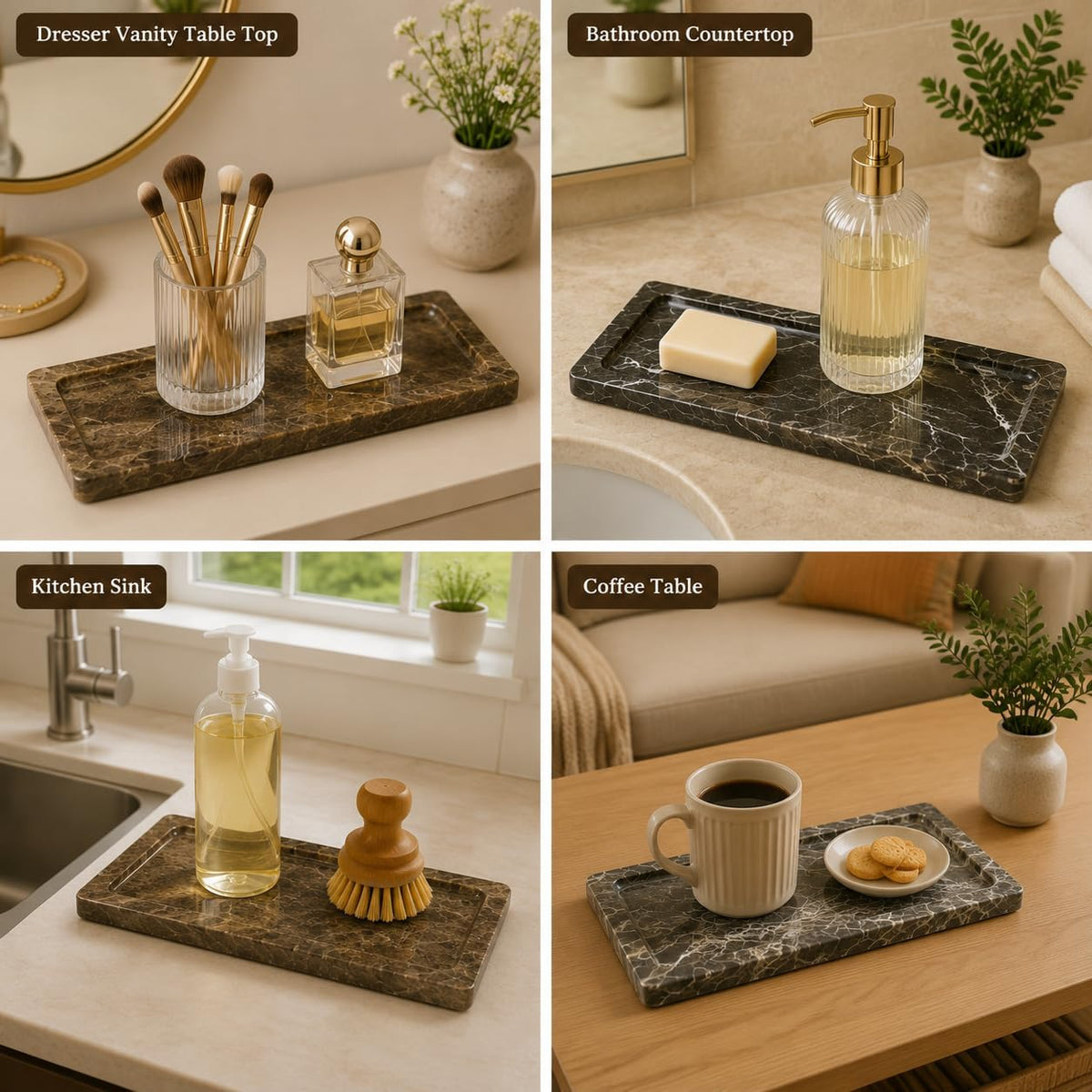 Brown Marble Vanity Tray, Small Genuine Stone Decorative Tray for Bathroom Counter, Perfume, Cologne, Jewelry, Candle, Coffee Table & Kitchen Counter Organizer, 11 x 4.7 Inch