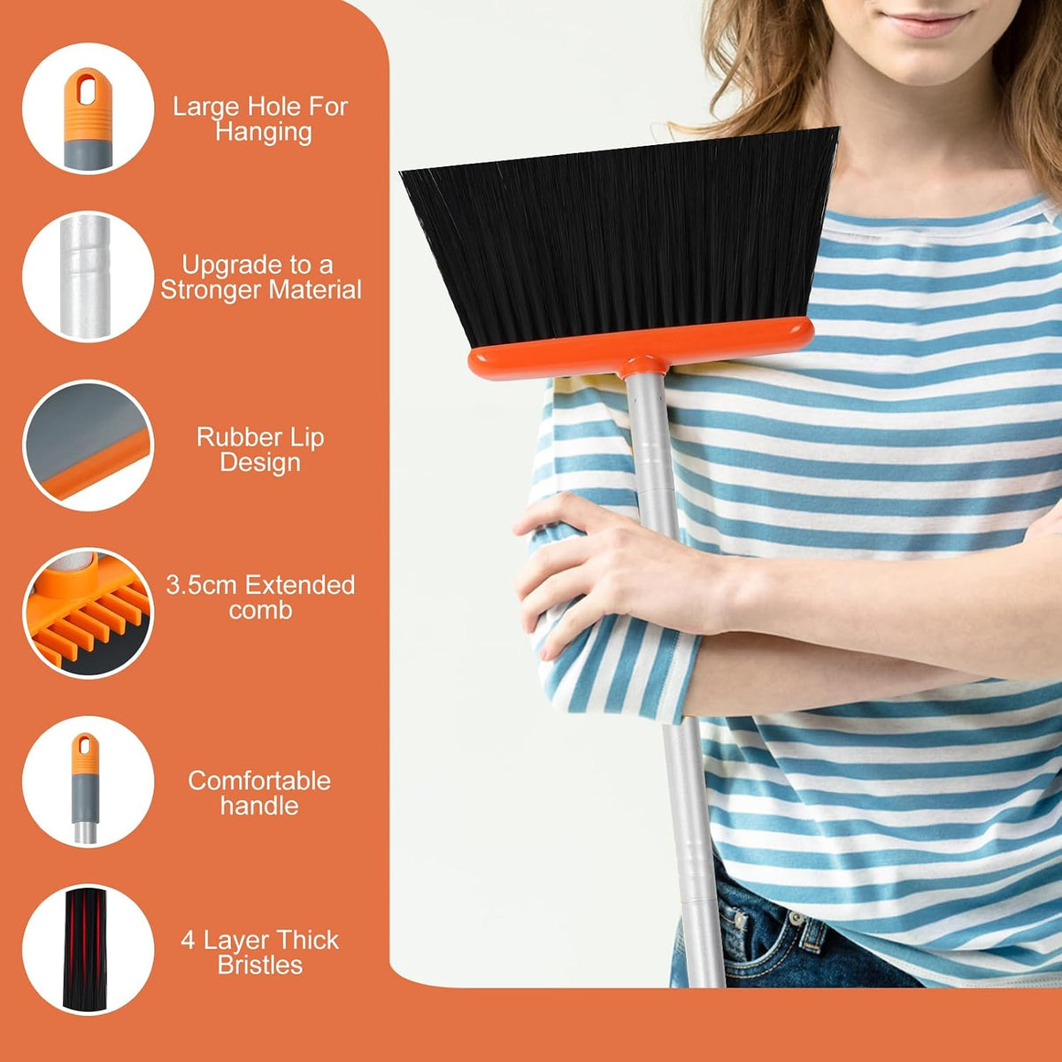 Long Handled Dustpan and Brush, Broom and Dustpan Set, Household Dust pan Combo with 54 Inch Handle for Indoor Outdoor Household Cleaning and Sweeping (Orange)