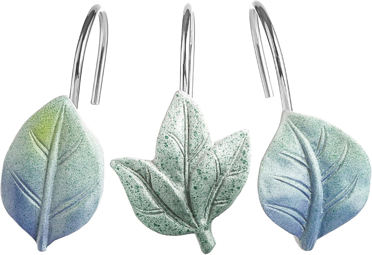 Blue Plant Leaf Shower Curtain Hooks,Eucalyptus Bathroom Decor,12PCS