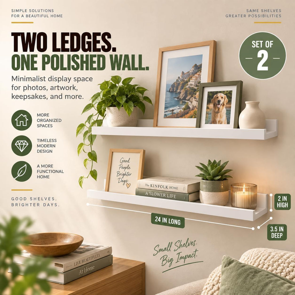 Greenco Picture Shelf, Set of 2 Wall Mounted Photo Ledge Floating Shelves for Bedroom, Living Room, Kitchen, Bathroom, Nursery Display, White Finish