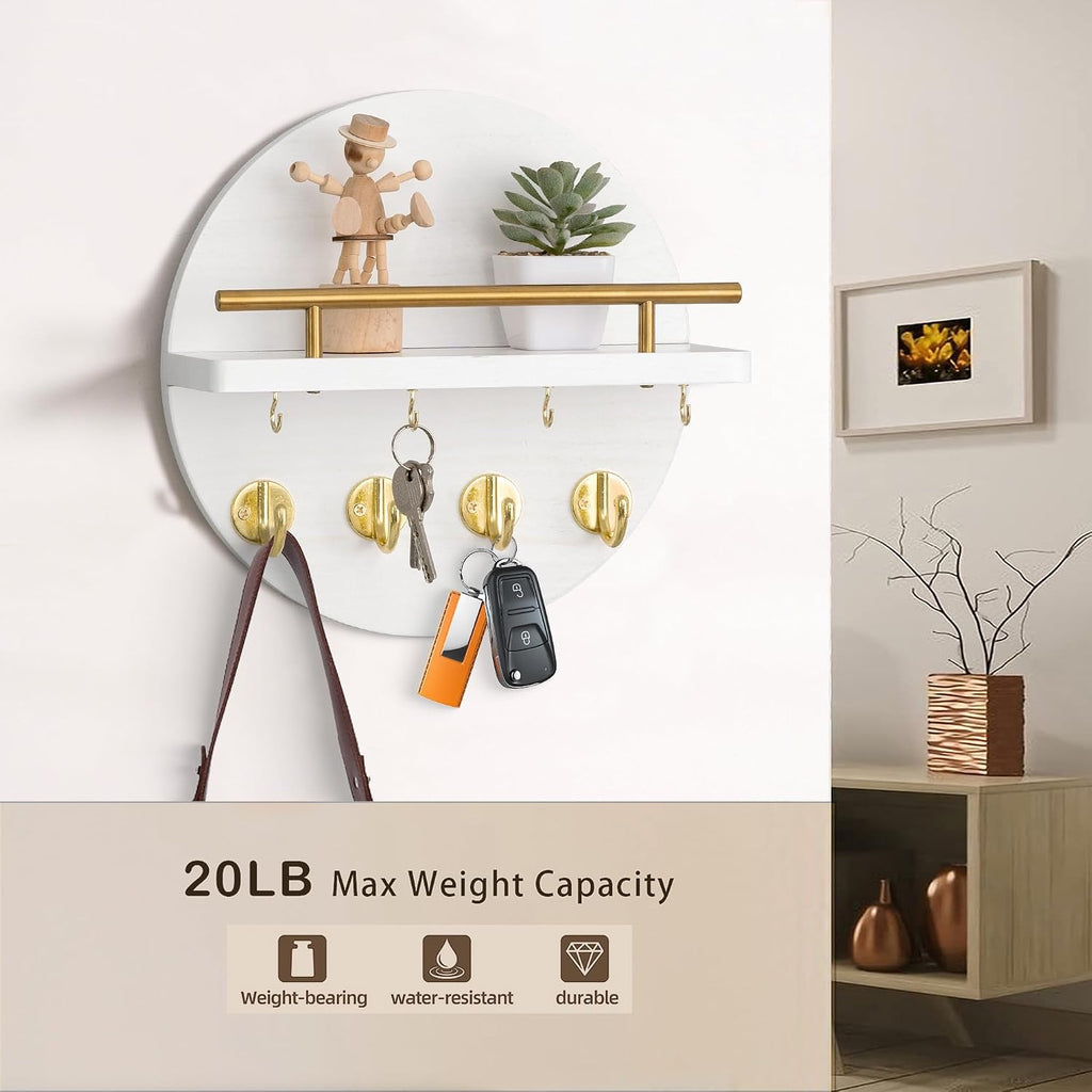 10.2" Key Holder Wall Mount with Shelf & Mail Organizer, 8 Hooks White