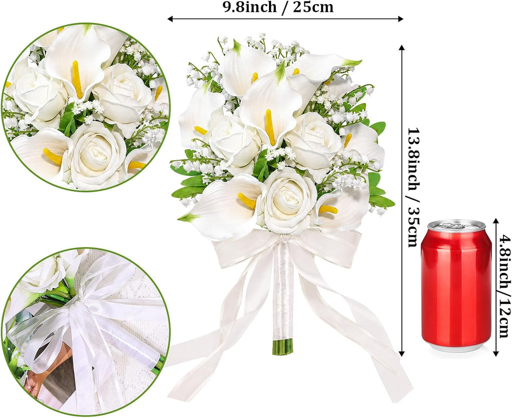 Wedding Bouquets for Bride Bridesmaid 13.8 Inch Ivory White Calla Lilies Artificial Roses Flowers Bridal Bouquets for Bride Wedding Marriage Proposal Party Church Decoration