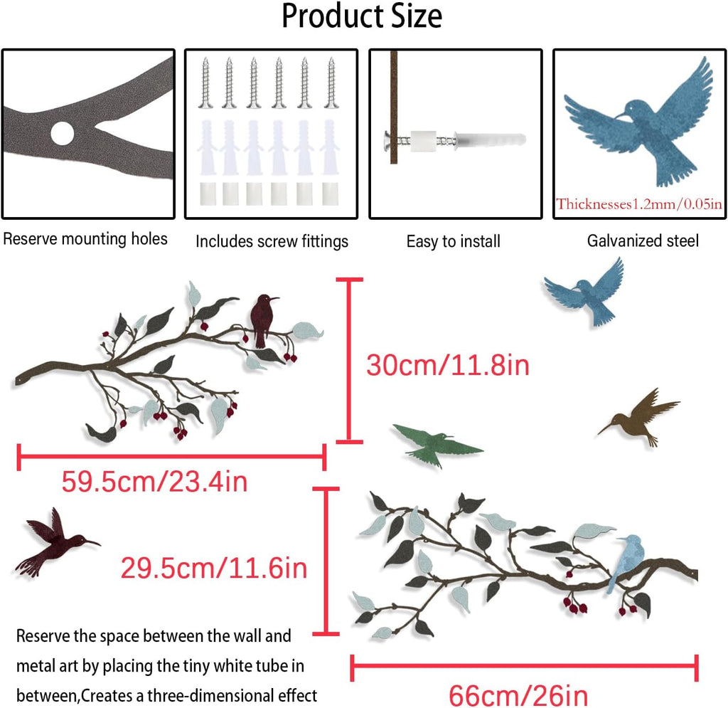 4PCS Metal Birds Wall Decor, Birds on the Branch Silhouette Art, Metal Leaves with Hummingbirds Outdoor Art Hanging Wall Sculpture for Home Office Balcony Garden Decor.（Colorful,Hummingbirds）