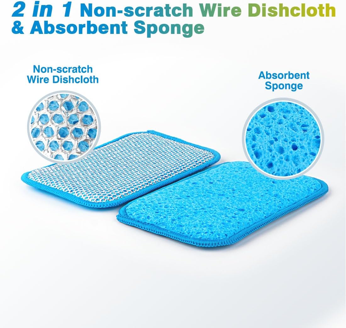 HOMEXCEL 12 Pack Scrub & Wipe Cloths, Scrub Sponges with Non-Scratch Wire Dishwashing Rag for Kitchen, All-Purpose Cloth for Dishes, Pots, Pans, Non-Stick Cookware, Countertops (Blue)