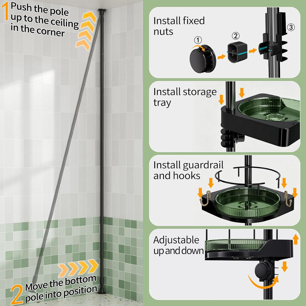 AKINBAS 360° Rotating Shower Caddy Tension Pole with 4-Tier Rustproof Lazy Susan 35-128 Inch No Drilling Coner Shelves Adjustable Shower Rack for Bathroom Bathtub Washbasin Plant Storage (Black+Green)