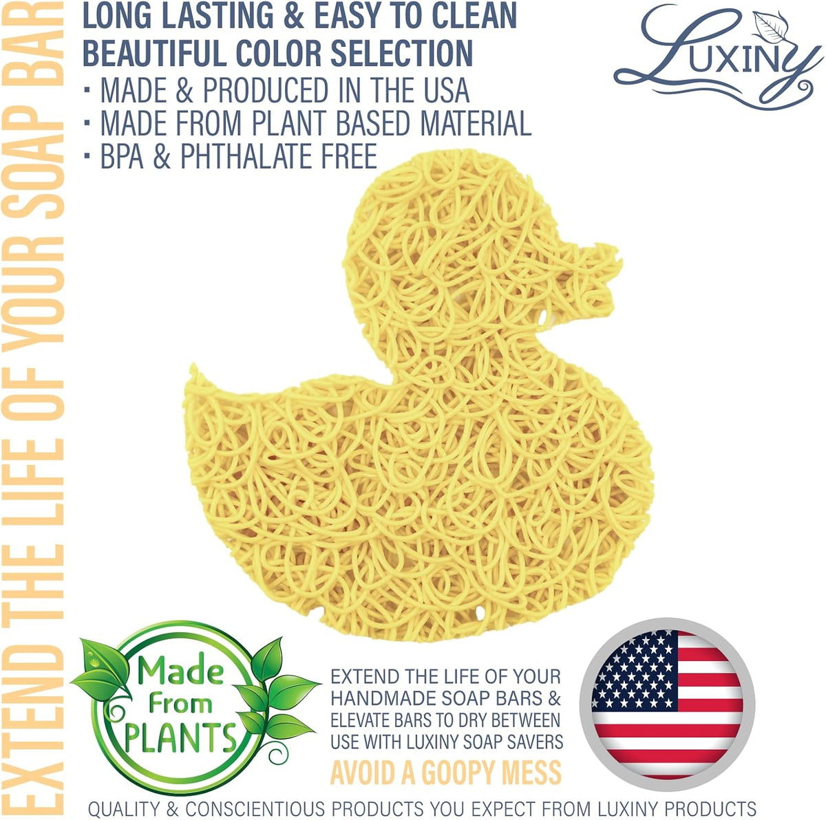 Soap Savers for Bar Soap/ShampooConditioner Bars, Made in USA by Luxiny | Lifts Bars in Soap Dishes & Shower Soap Holders | Handmade Soap Lasts Longer | Bars Dry Between uses (Yellow Duck)