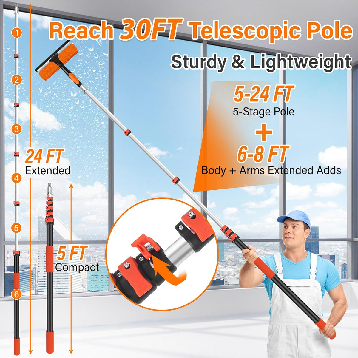 30FT High Reach Duster Cleaning Kit with 5-24 FT Extension Pole