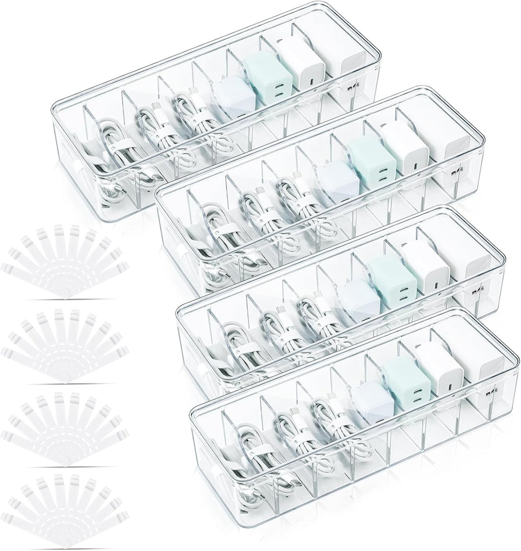 4 Pack Cable Organizer Box, Clear, 27 X 9.5 X 6 Cm