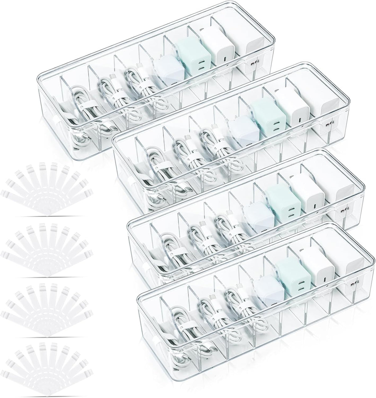 4 Pack Cable Organizer Box, Clear, 27 X 9.5 X 6 Cm