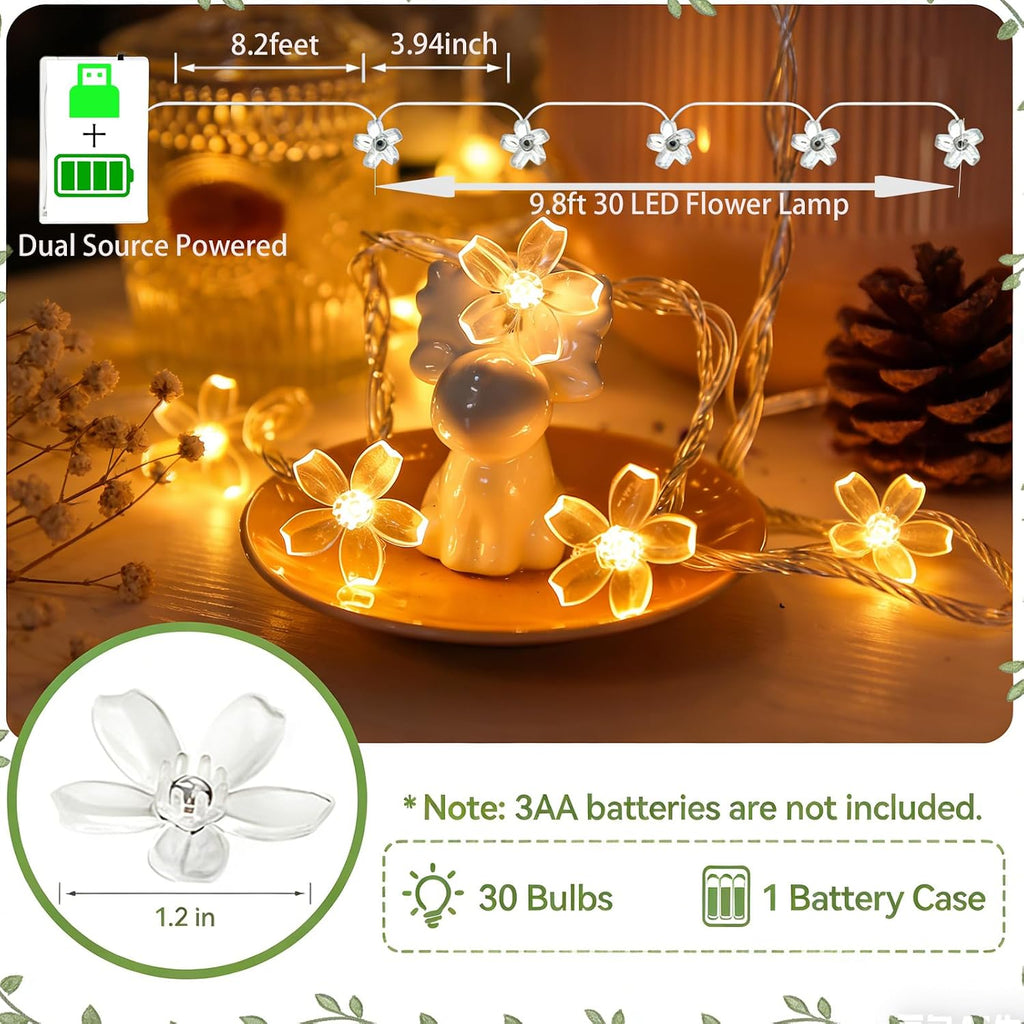 10ft 30 LED Fairy Flower String Lights Battery & USB Operated (Warm White)