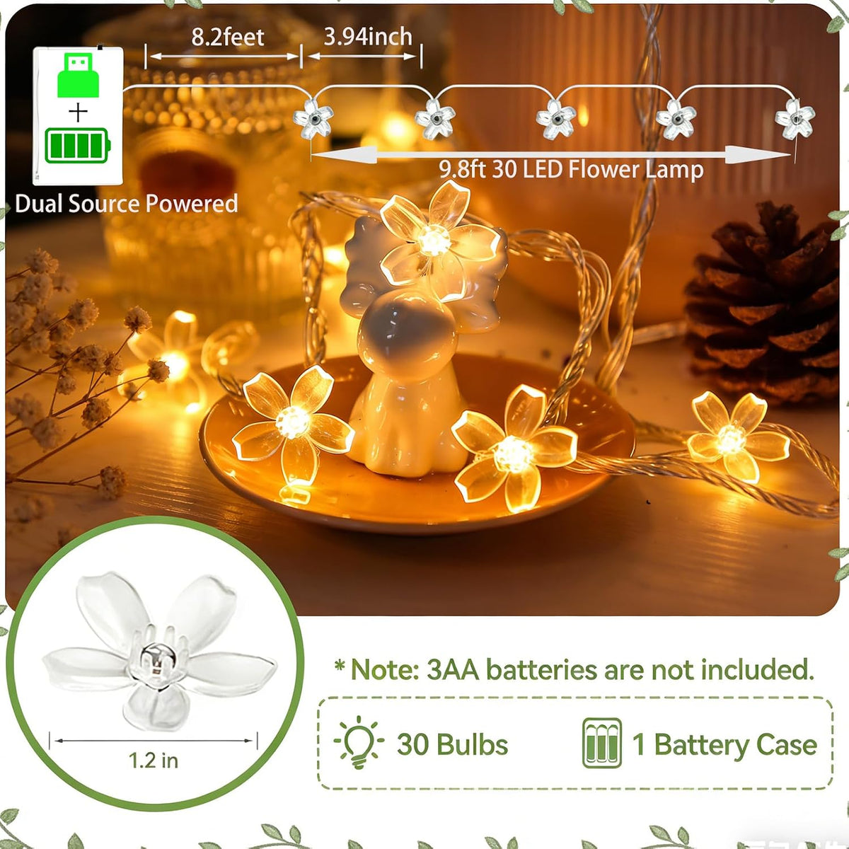 10ft 30 LED Fairy Flower String Lights Battery & USB Operated (Warm White)