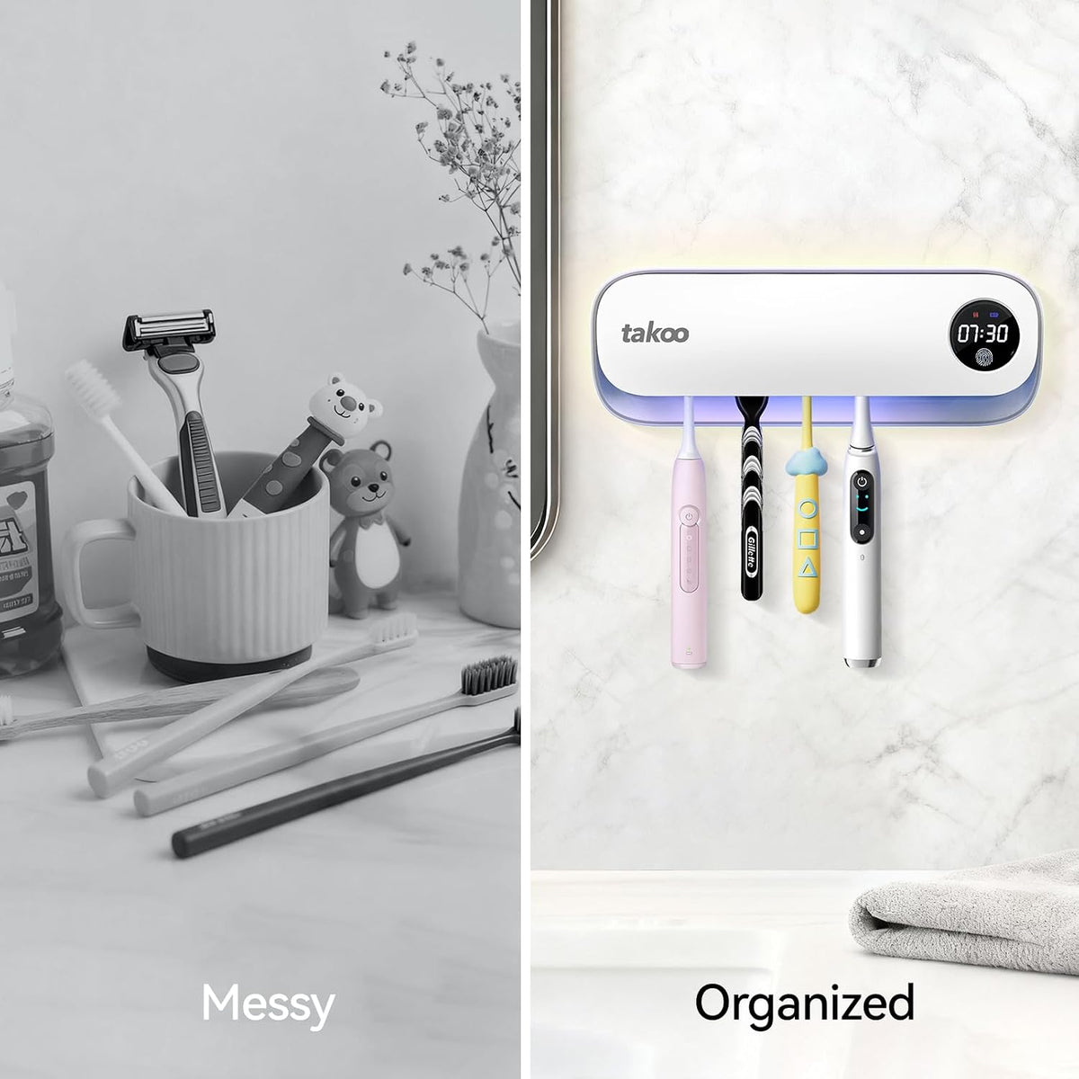 Takoo Toothbrush Cleaner, 4 Slots Wall Mounted Toothbrush Holder for Bathroom, Smart Hot Air Drying Technology, Rechargeable Smart Home Gadget