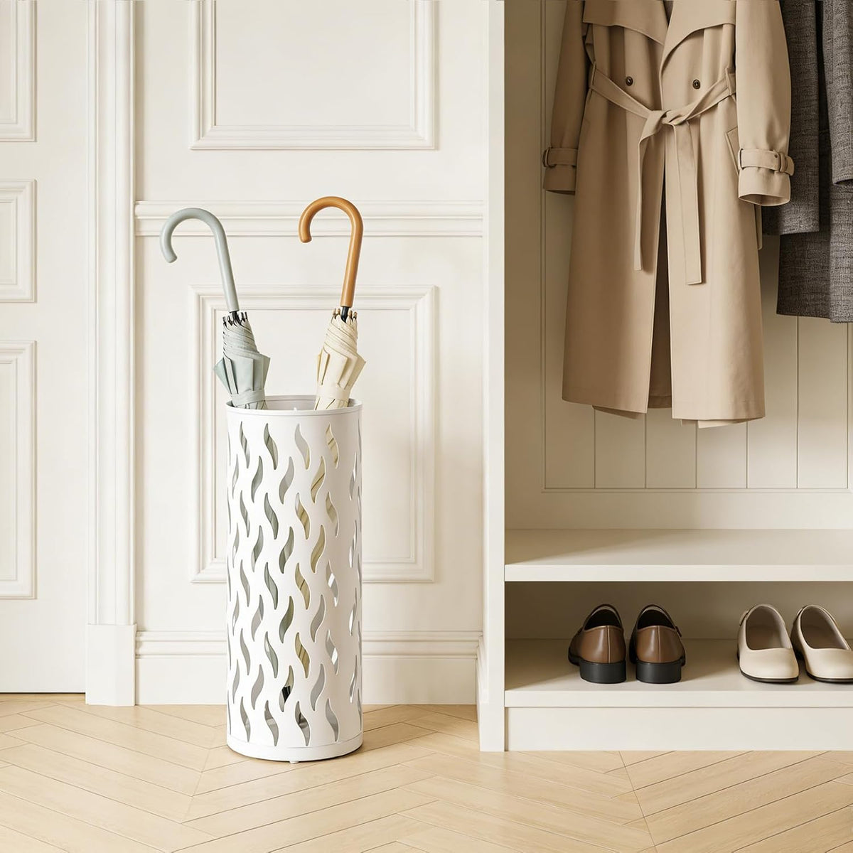 Umbrella Holder White, Metal Umbrella Stand Holder for Entryway, 16.5 x 5.91 x 5.91 Umbrella Storage Indoor with 4 Hooks Decor for Home, Office