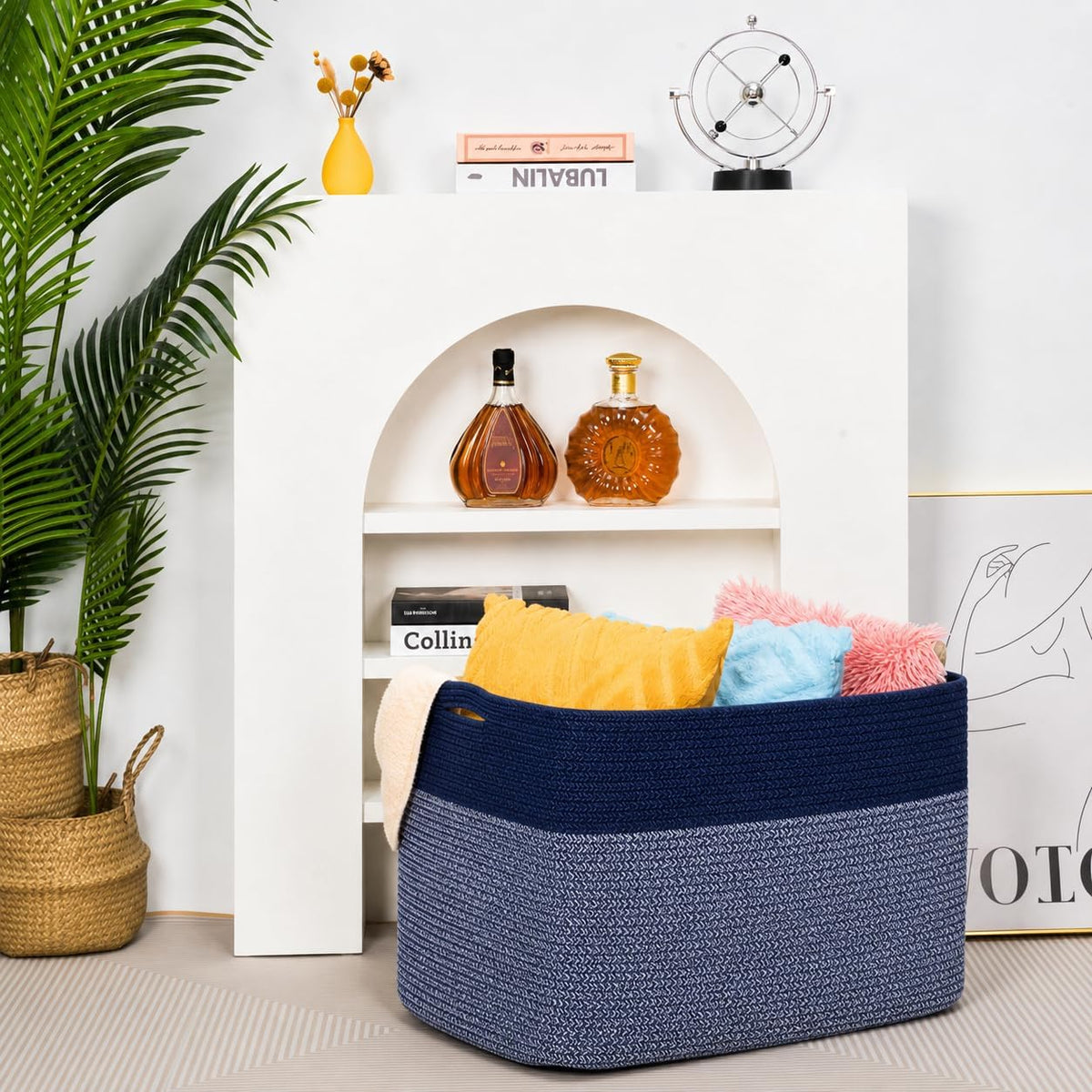 MINTWOOD Design 112L Extra Large Blanket Basket Holder Living Room, 25"x17"x16" Rectangle Rope Woven Storage Basket with Handles for Laundry, Towels, Shoes, Dog Toy Organizer Bin Box, Navy Blue