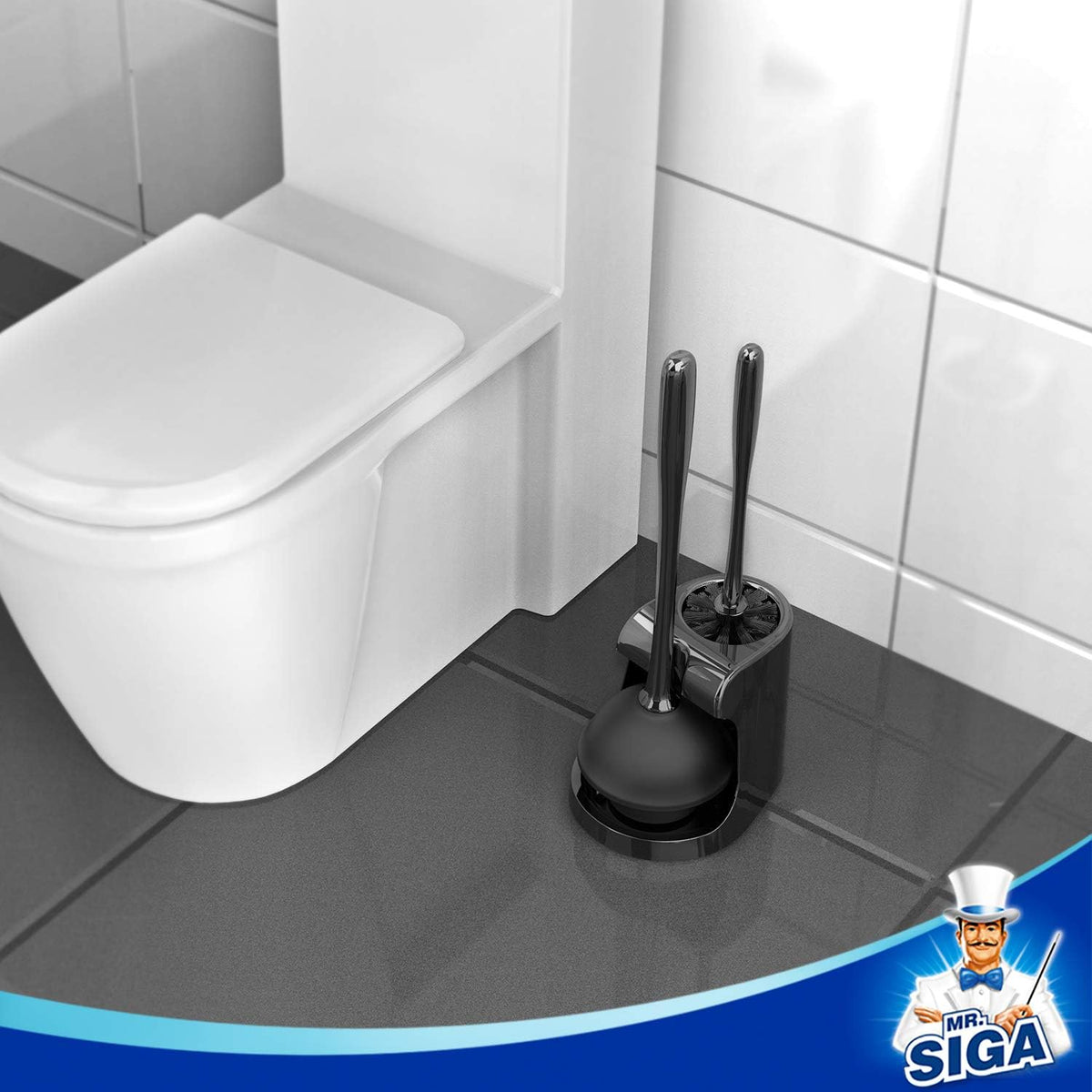 MR.SIGA Toilet Plunger and Brush Combo for Toilet Cleaning, Black, 2 Set