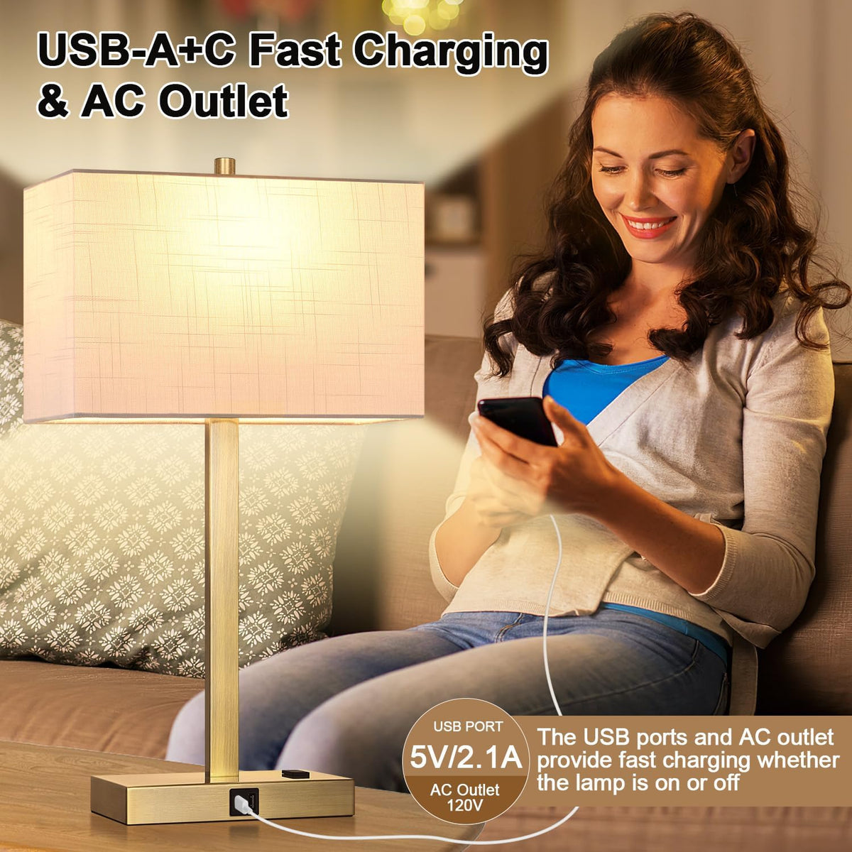 21" Touch Bedside lamps with 2 USB & AC Outlets, 3-Way Dimmable Bedside Table Lamps Set of 2 for Bedroom Living Room Office Reading, White Shade Lamps for Night Stands, 2700K LED Bulbs Included