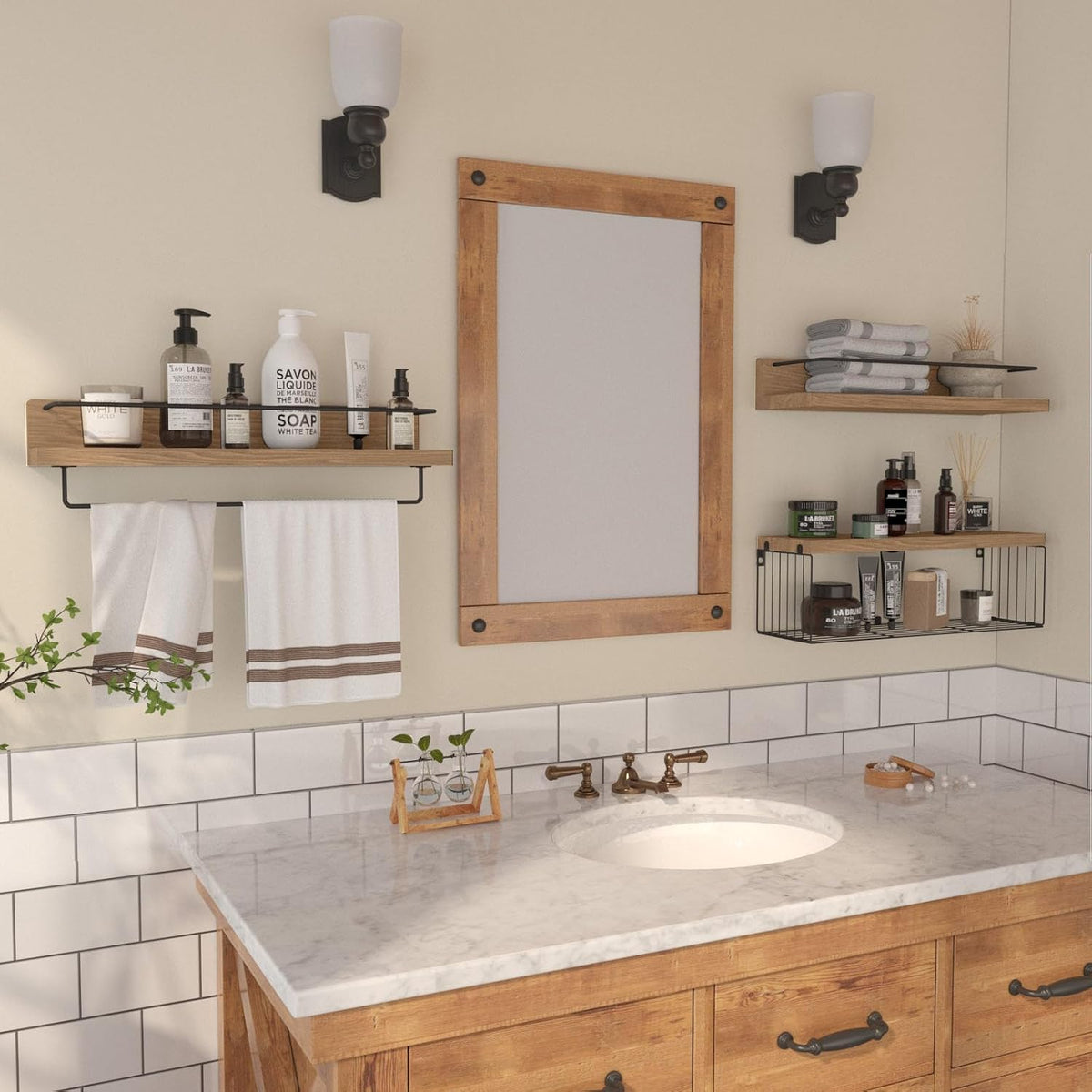 PopiShelves 22.5 inches Bathroom Shelves Over Toilet for Wall, Floating Shelves with Storage Basket Paper Holer for Kitchen Living Room, Bedroom & Classroom, Set of 3 (Nature Wood)