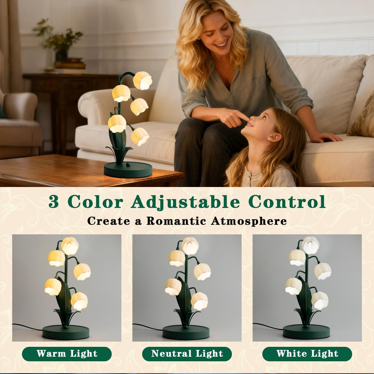 WERFOP Vintage Lily of the Valley Flower Table Lamp