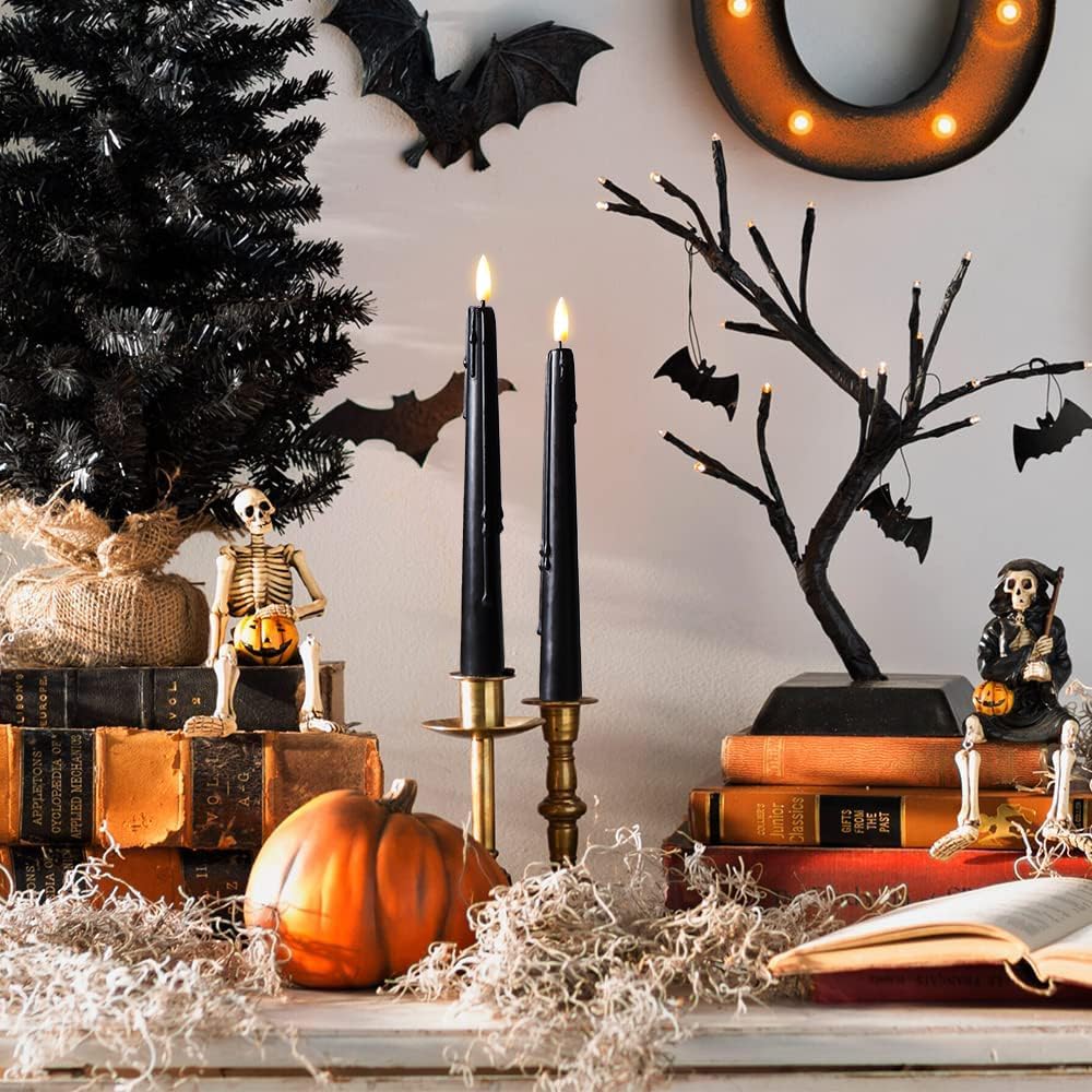 Stmarry Black Flameless Taper Candles with Remote and Timer - 9.65 Inch Real Wax LED Candlesticks - Wax Drip Battery Operated Halloween Taper Candles with 3D Flickering Flame Halloween Decor, 3 Pack