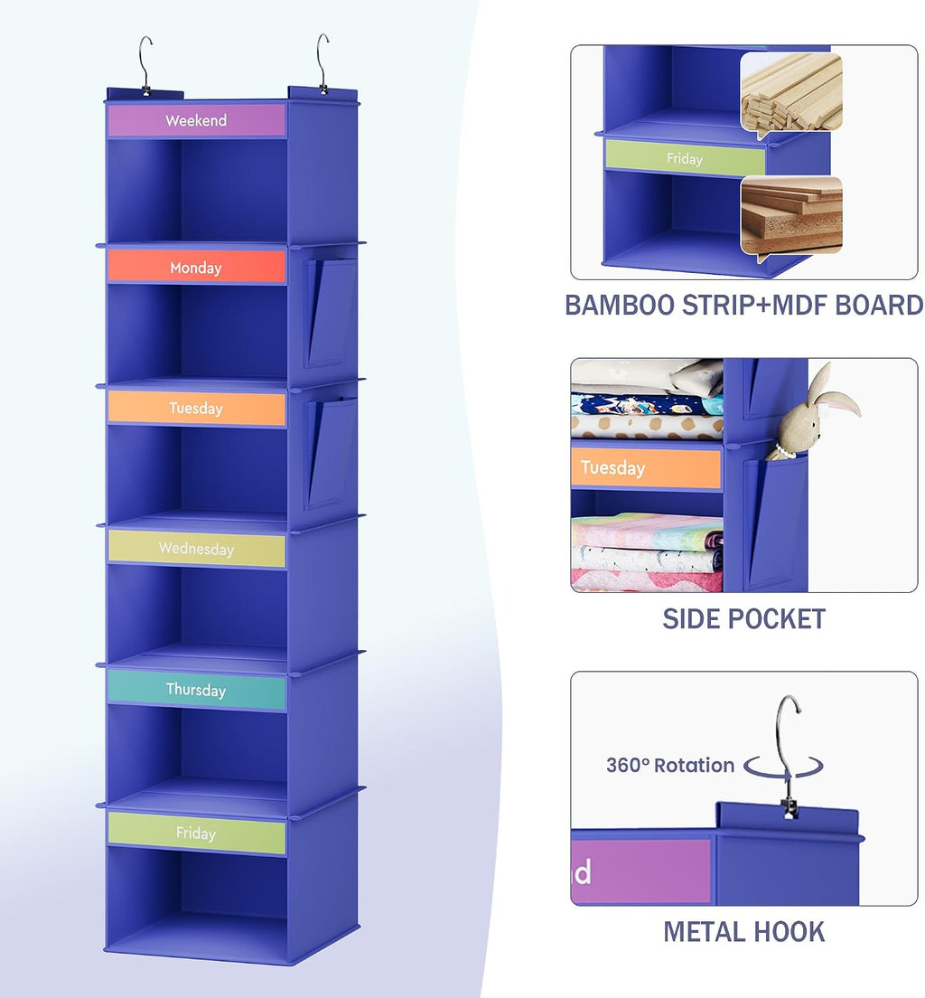 YOUDENOVA Weekly Clothes Organizer for Kids, Hanging Closet Organizer, Blue