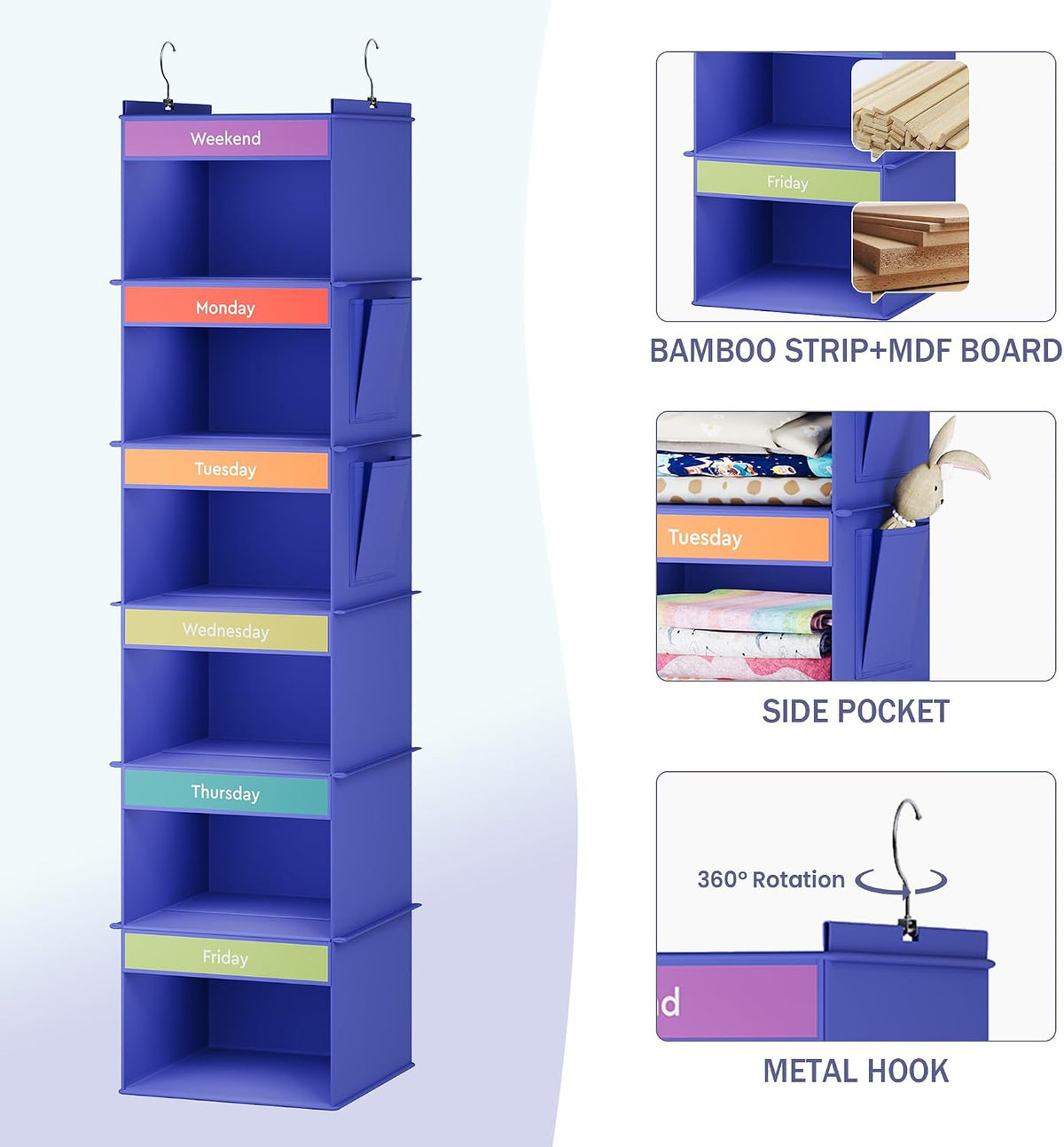 YOUDENOVA Weekly Clothes Organizer for Kids, Hanging Closet Organizer, Blue