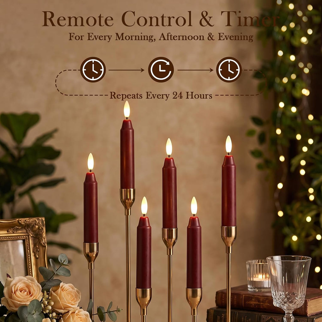6Inch Flameless Taper Candles with Remote & 6 Batteries, Burgundy