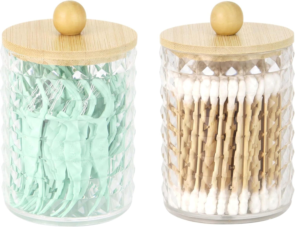 DAPOWER 2 Pack Qtip Holder Bathroom Storage Canister for Cotton Ball Cotton Swab Pads Floss, Small Plastic Jars with Lids (Clear & Bamboo Lid, 2 Pack)
