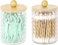DAPOWER 2 Pack Qtip Holder Bathroom Storage Canister for Cotton Ball Cotton Swab Pads Floss, Small Plastic Jars with Lids (Clear & Bamboo Lid, 2 Pack)