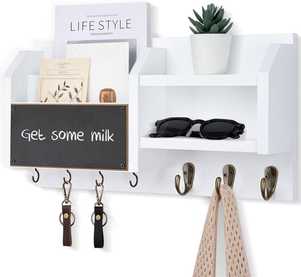 Lwenki Mail and Key Holder – Wall Mount Key Hanger with Shelf and 7 Metal Hooks – Decorative Natural Paulownia Wood Entryway Organizer with Mounting Hardware (16.5”W x 8.7”H x 3.5”D) (White)