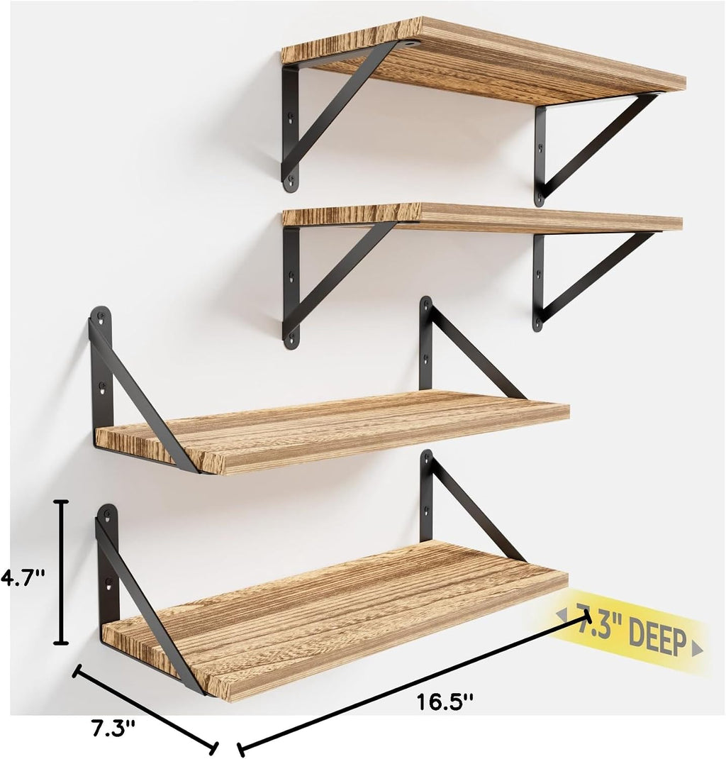 COCOYA Wall Shelves 7.3" Deep Solid Paulownia Wood (Light Brown, Set of 4)