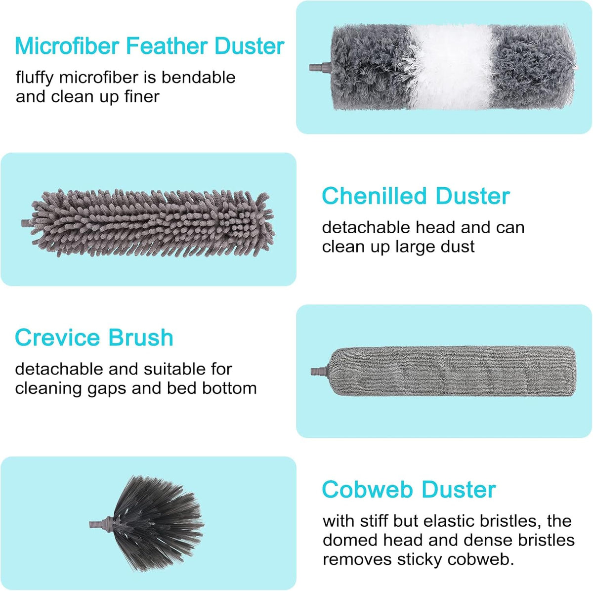 12pcs Microfiber Dusters, Duster with Extension Pole(Stainless Steel) 30 to 100'', Washable Dusters, Bendable Extendable Long Feather Duster for Cleaning Fan, High Ceiling, Blinds, Furniture, Cars
