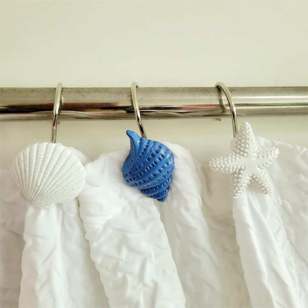 Twofishes Blue Seashell Shower Curtain Hooks S/12 Ocean White Starfish Style Shower Curtain Rings Pack of 12 Oecan Shell Shower Rings Set of 12