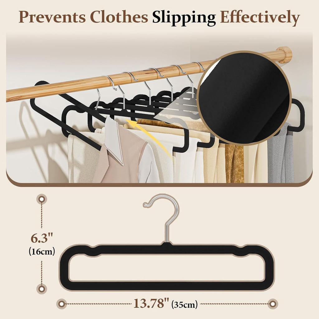 Velvet Felt Pants Hangers 30 Pack, with Cascading Hooks (Black)
