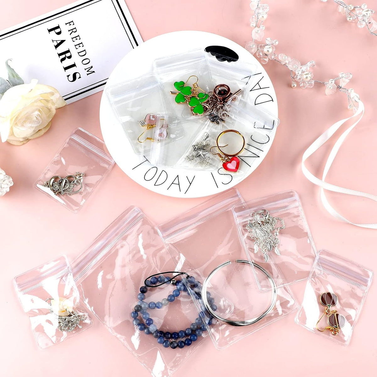 Spakon 160 Pcs Mini Plastic Jewelry Bags PVC Clear Storage Bags, 5 Sizes