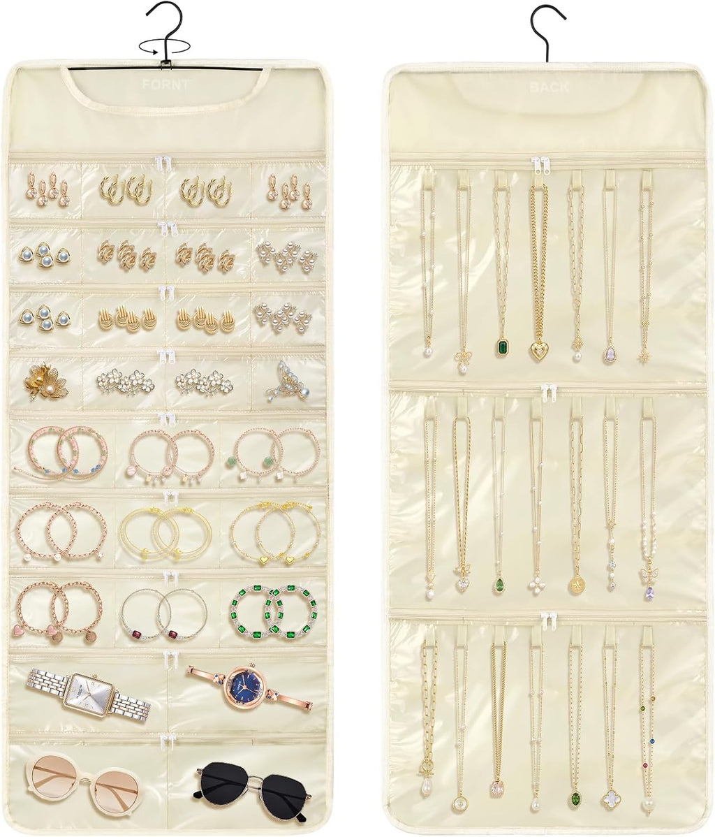 FOREGOER Hanging Jewelry Organizer 32 Zippered Pocket, 2-Sided, Beige